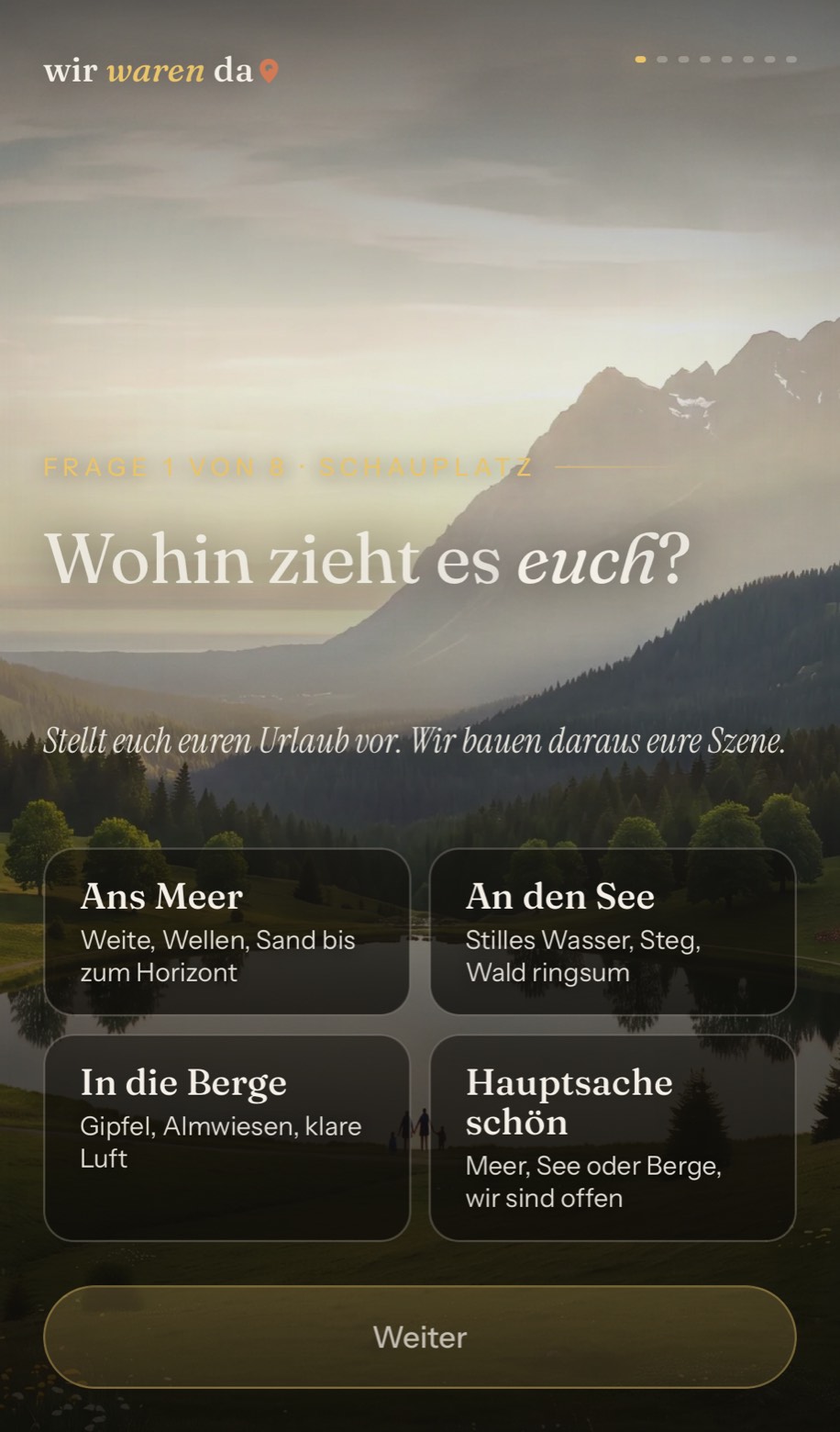 Screenshot des Fragebogens von wir-waren-da.info: Frage 1 von 8, „Wohin zieht es euch?“